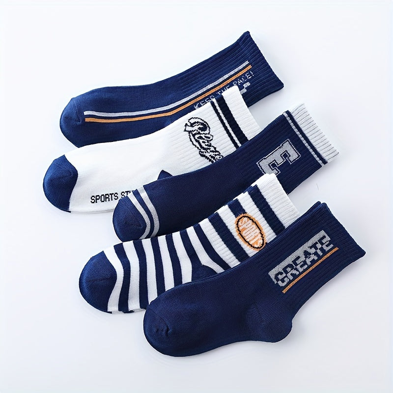 5 Pairs Boys Kids Striped Letter Crew Sports Socks