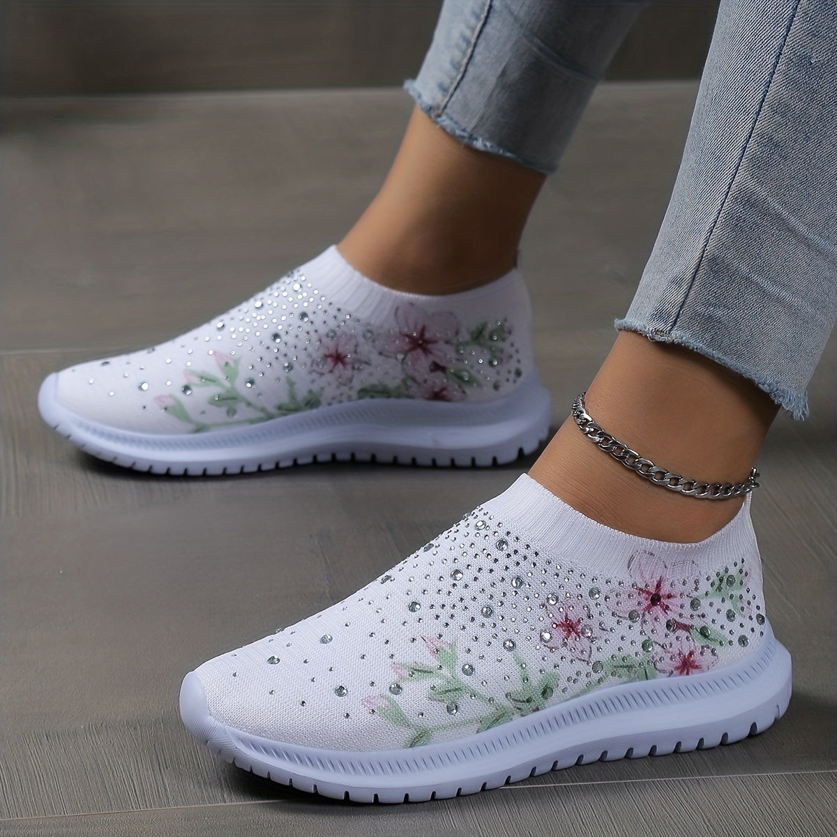 Women's Rhinestone Floral Printed Low Round Toe Sneakers