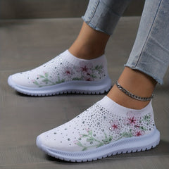 Women's Rhinestone Floral Printed Low Round Toe Sneakers