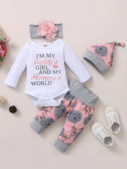 4pcs Baby Girls Long Sleeve Romper Bandana Hat Flowers Trousers Set