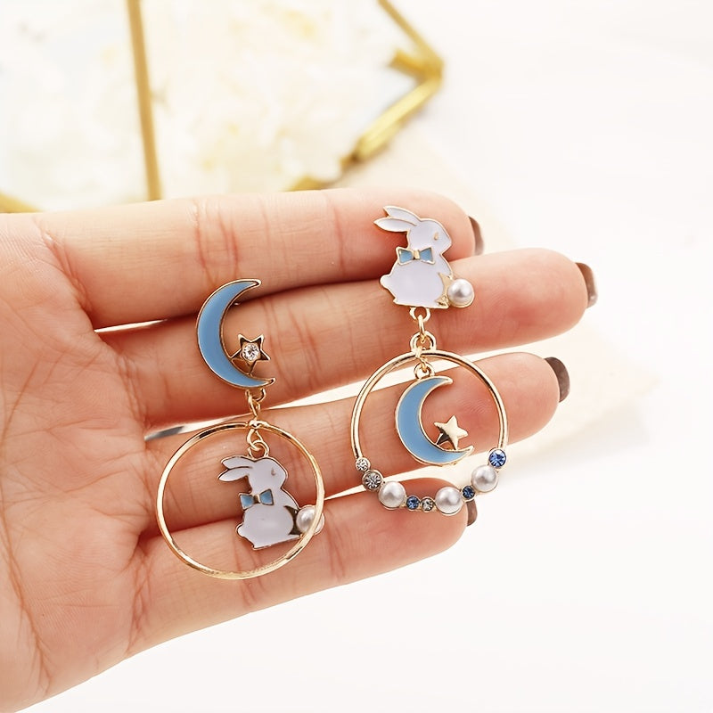 Rabbit Star Moon Earrings Bunny Faux Pearl Crystal Drop Earring