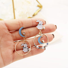 Rabbit Star Moon Earrings Bunny Faux Pearl Crystal Drop Earring