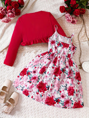 Girl's 2pcs Floral A Line Dress & Ruffle Cardigan Set Spring Autumn