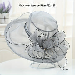 Gray Organza Flower Derby Hat Mesh Sun Hat Women Travel Beach Wedding Bridal Chu