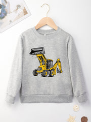 Excavator Print Boys Casual Sweatshirt Long Sleeve Crew Neck Tops