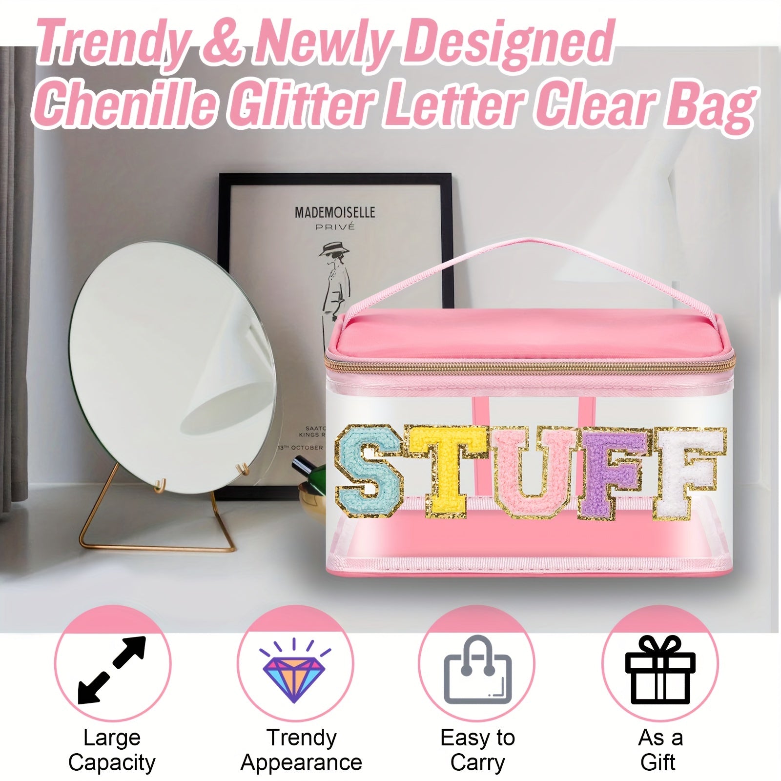 Chenille Letter Bag Makeup Cases Nylon Bag with Zipper
