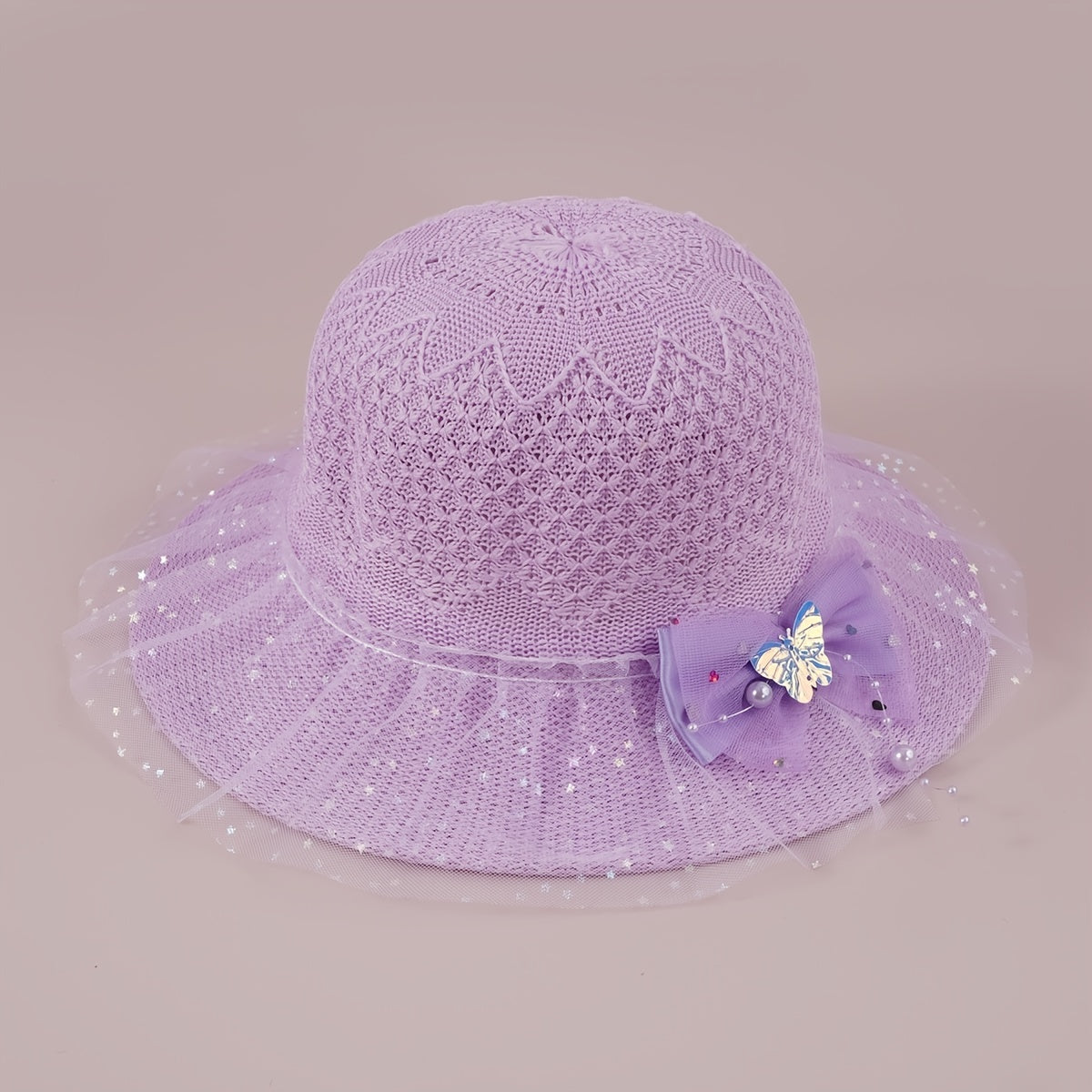 Girls Faux Pearl Bow Lace Hat Straw Sun Protection Kids Accessories