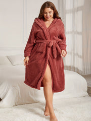 Fleece Long Sleeve Hooded Bathrobe with Belt