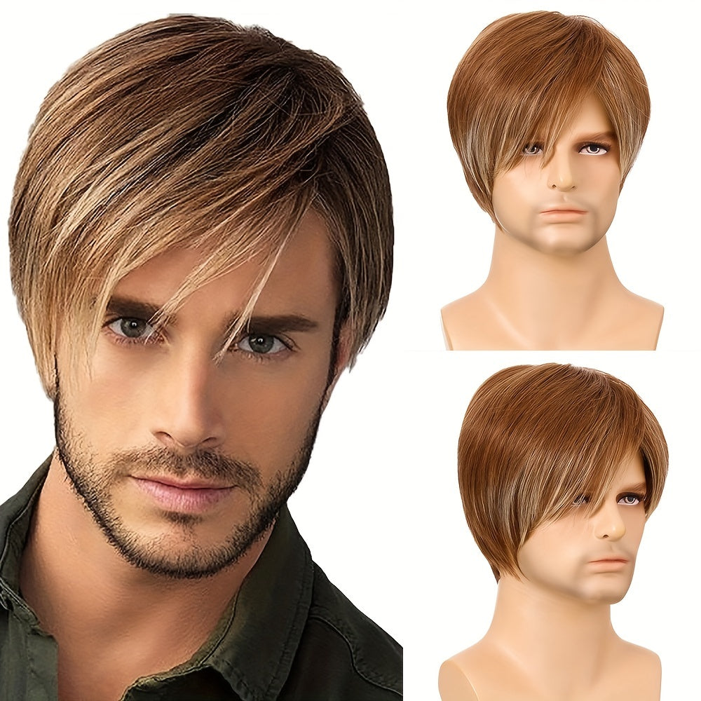 Men's Short Straight Hair Wig with Stylish Slanted Bangs