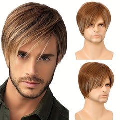 Men's Short Straight Hair Wig with Stylish Slanted Bangs