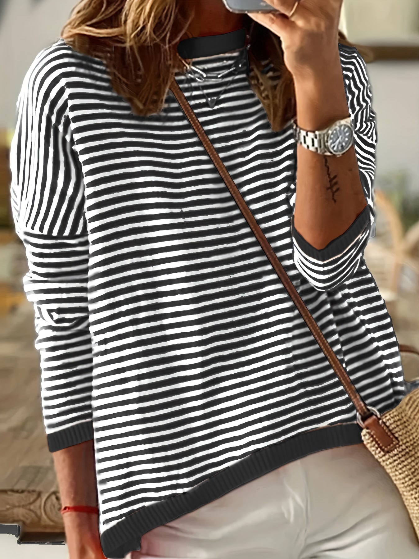 Striped Print Knit Sweater Crew Neck Drop Shoulder Sweater