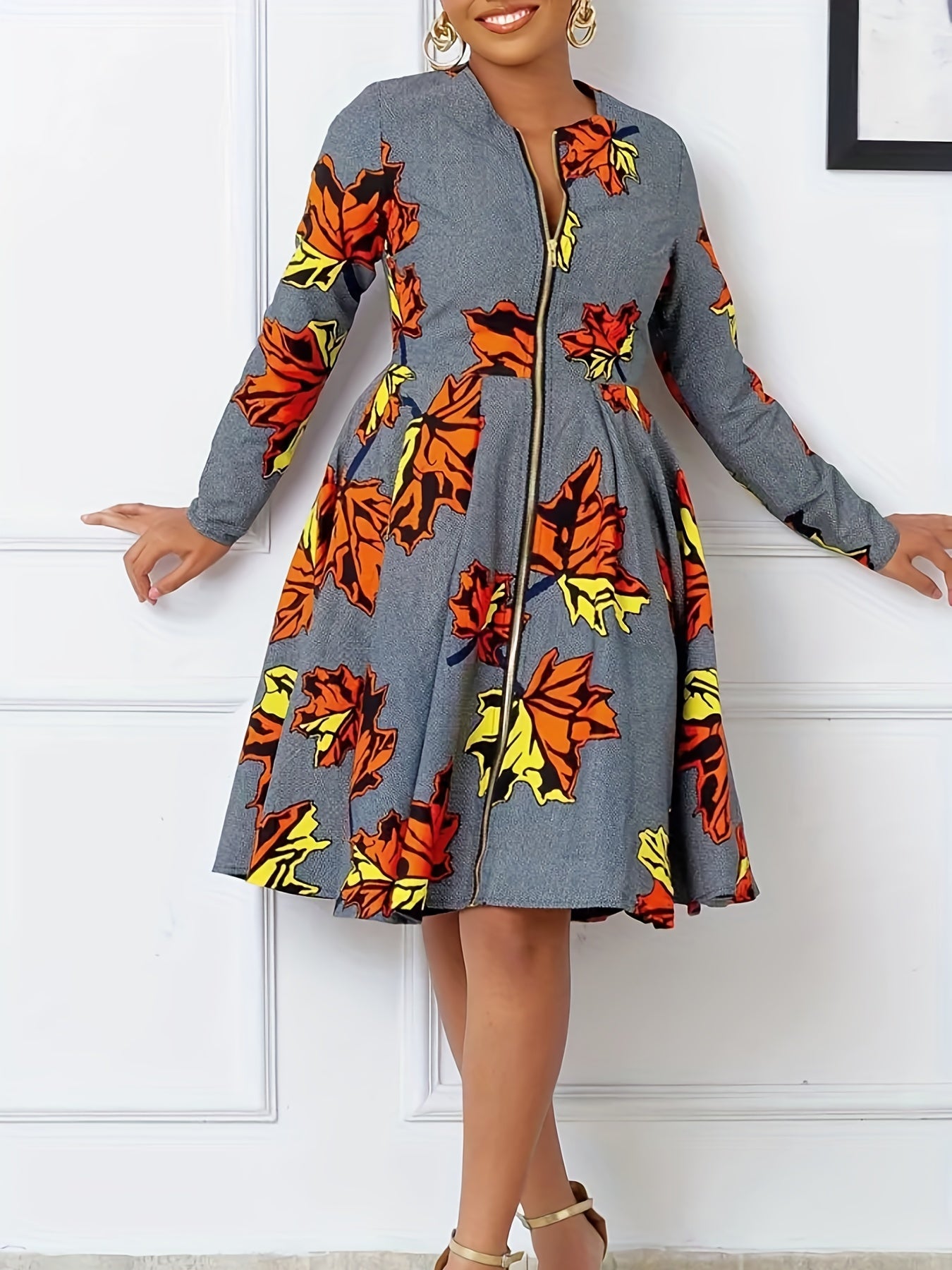 Maple Leaf Print Zipper Round Neck Dress
