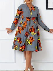 Maple Leaf Print Zipper Round Neck Dress