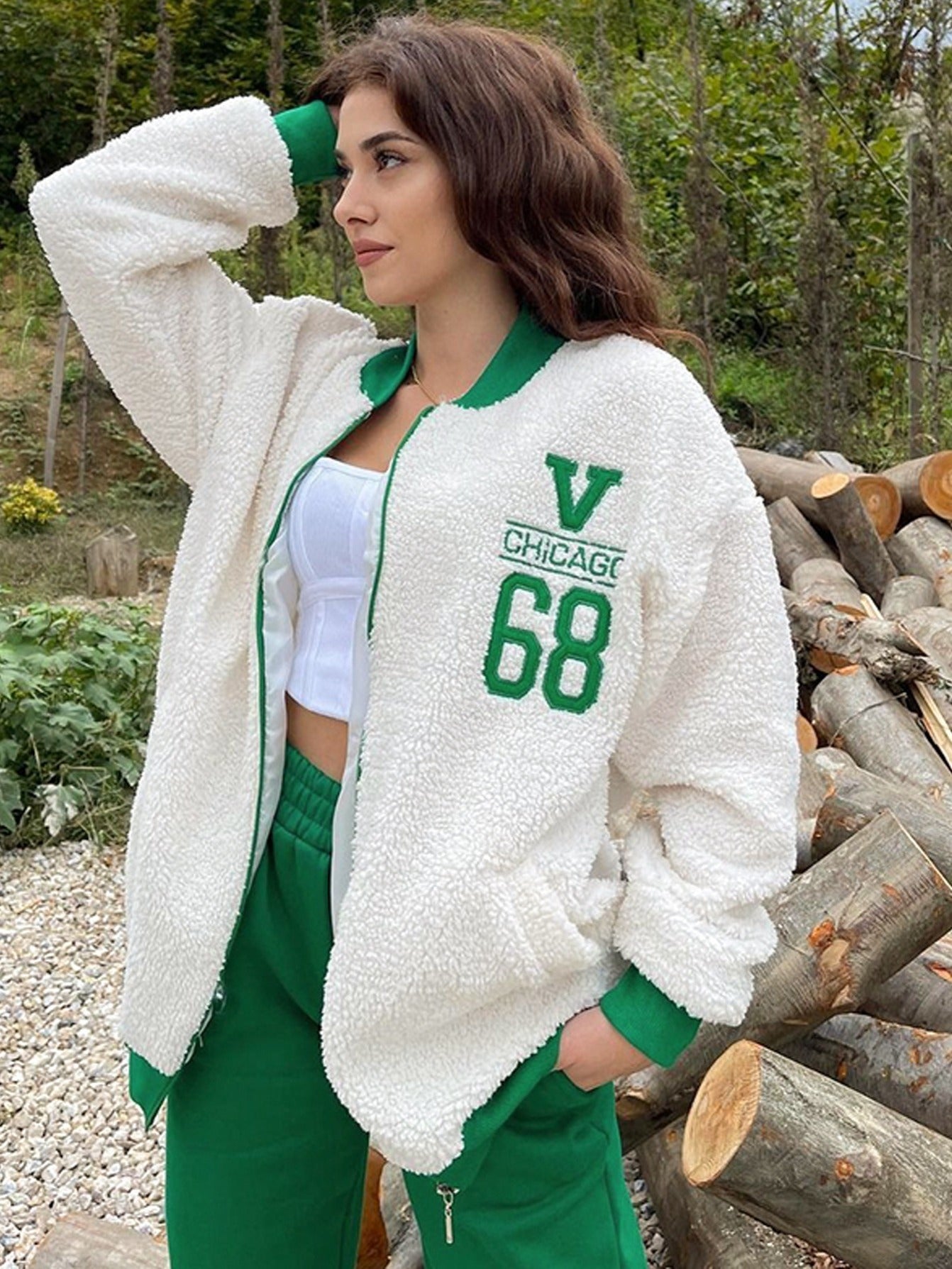 Women's Letter Print Leisure Teddy Embroidery Jacket