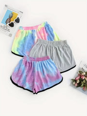 3 Pack Plus Size Casual Shorts Women's Plus Tie Dye & Solid Elastic Sleek