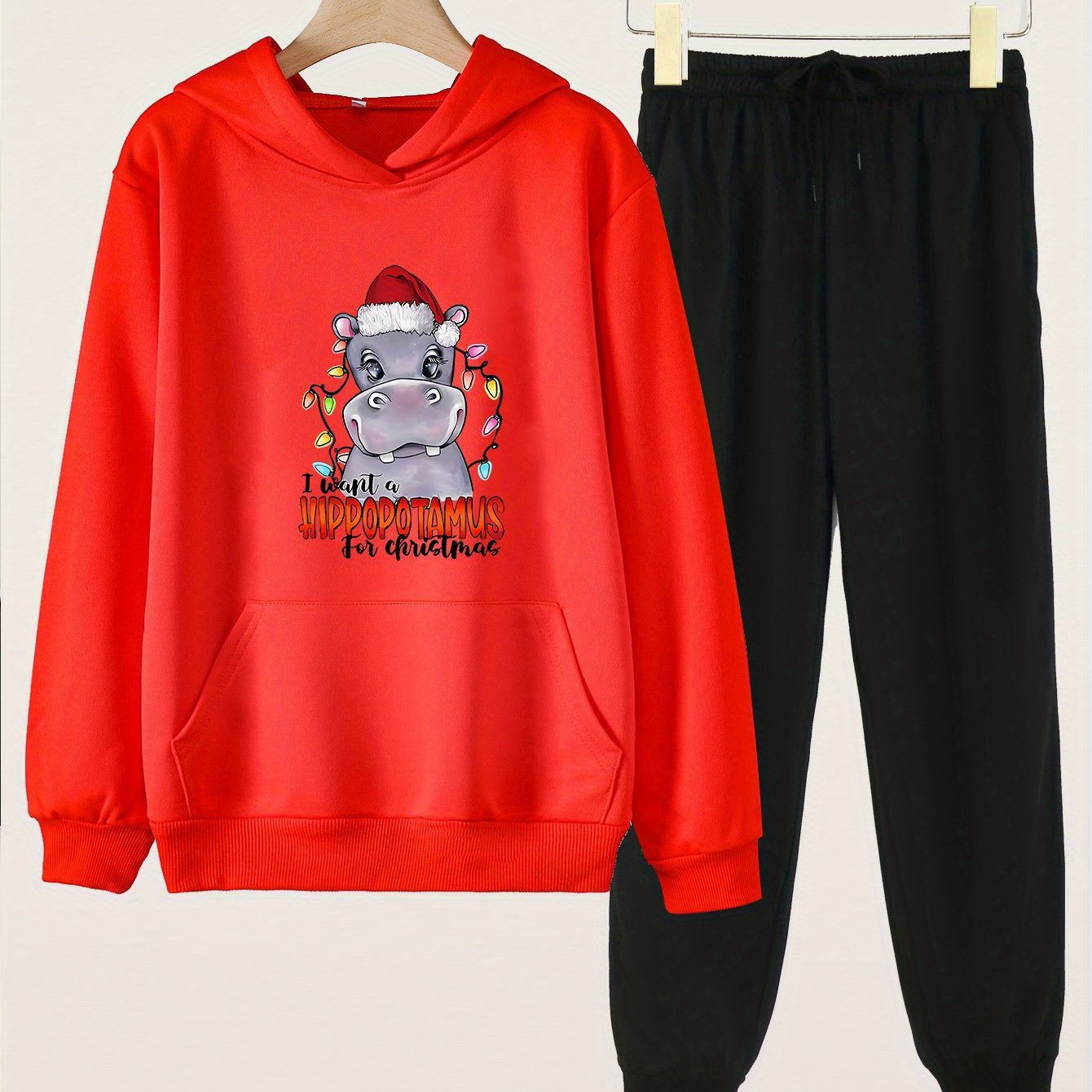 Girls' Christmas Hippos Print Hoodies Pants Set