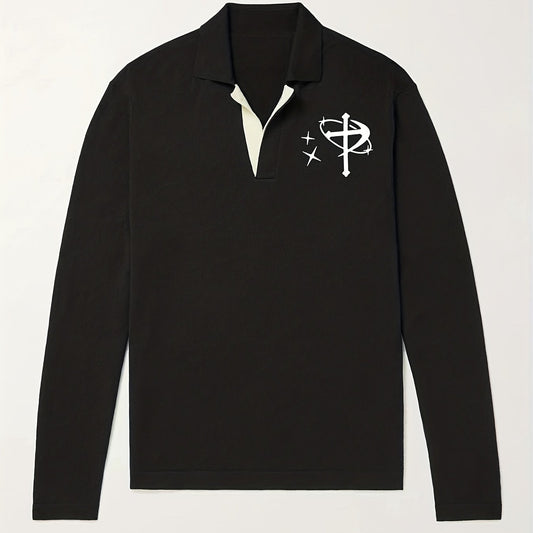 Men's Star & Cross Pattern Knit Polo Shirt Stretch V Neck Sweater