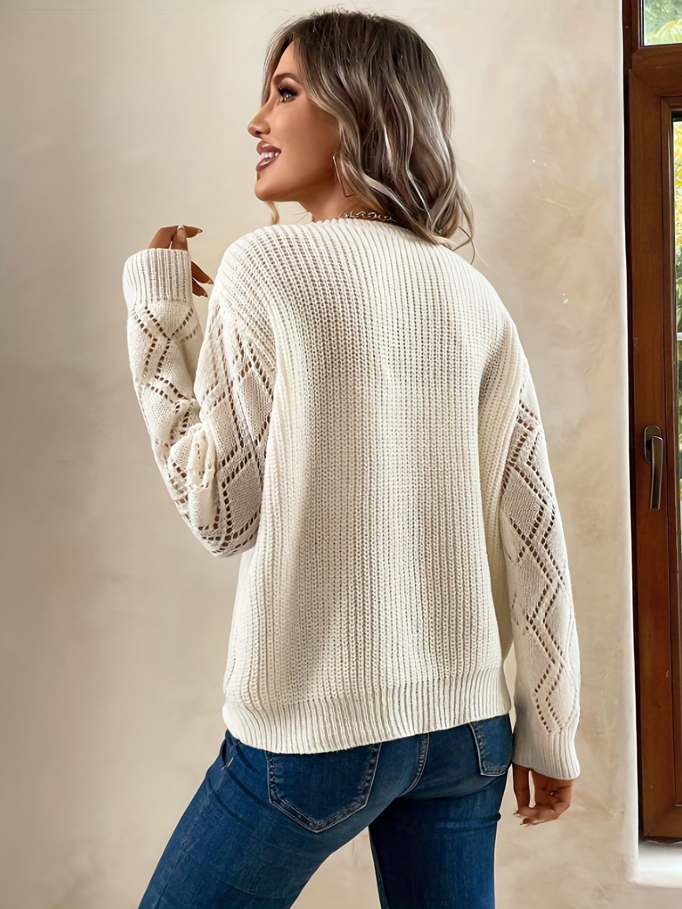 Hollow Guipure Lace Knit Sweater V Neck Long Sleeve