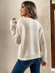 Hollow Guipure Lace Knit Sweater V Neck Long Sleeve