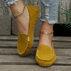 Women Slip On Leather Loafers Metal Decor Flats Shoes