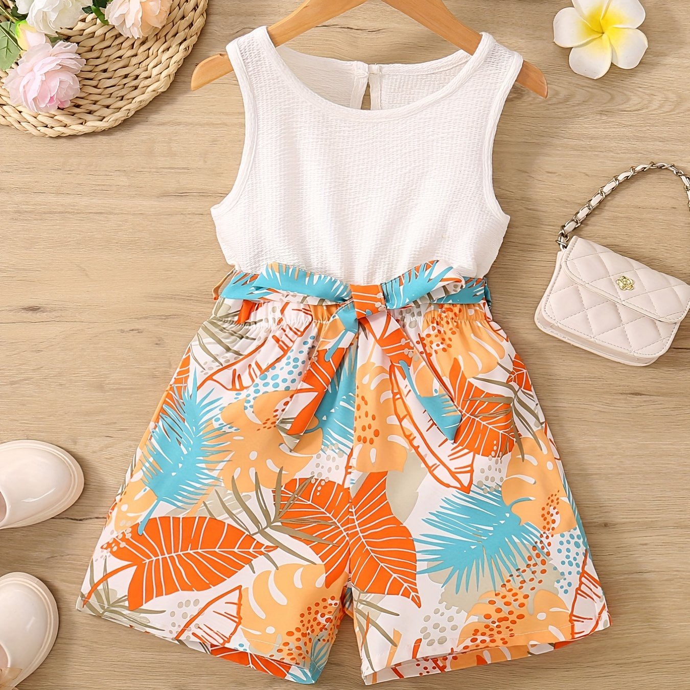 Girls Plants Sleeveless Rompers Jumpsuits For Beach Vacation