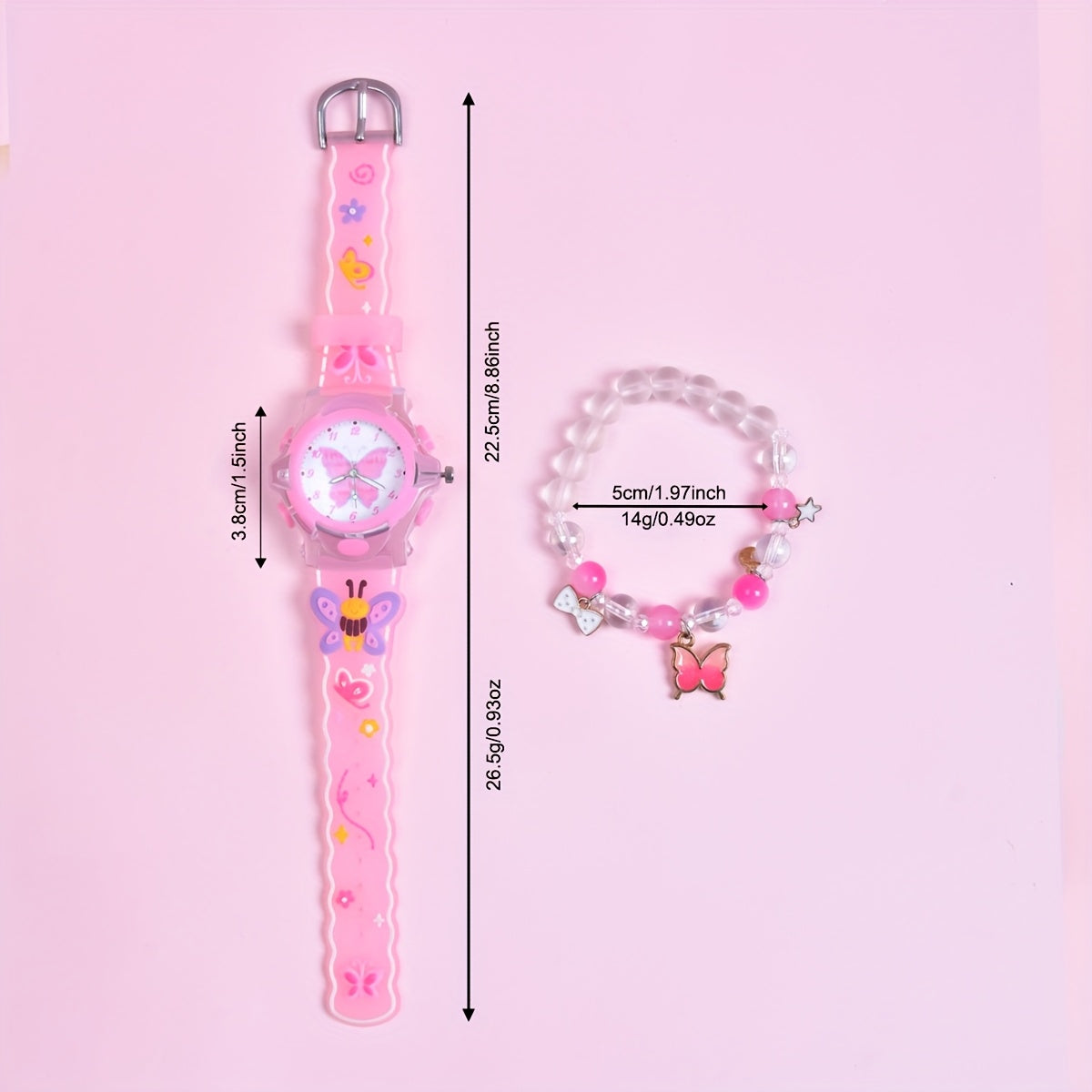 2pcs Girls' Butterfly Watch & Bracelet Set Pink Silicone Band Glow in the Dark
