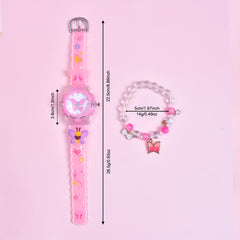 2pcs Girls' Butterfly Watch & Bracelet Set Pink Silicone Band Glow in the Dark