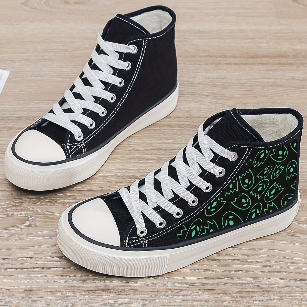 Ghost Print Plush Lined Chunky Canvas Sneakers High Top