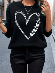 Heart Print Crew Neck Sweatshirt for Women