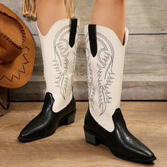 Women's Colorblock Western Boots Slip On Point Toe Chunky Heel Mid Calf