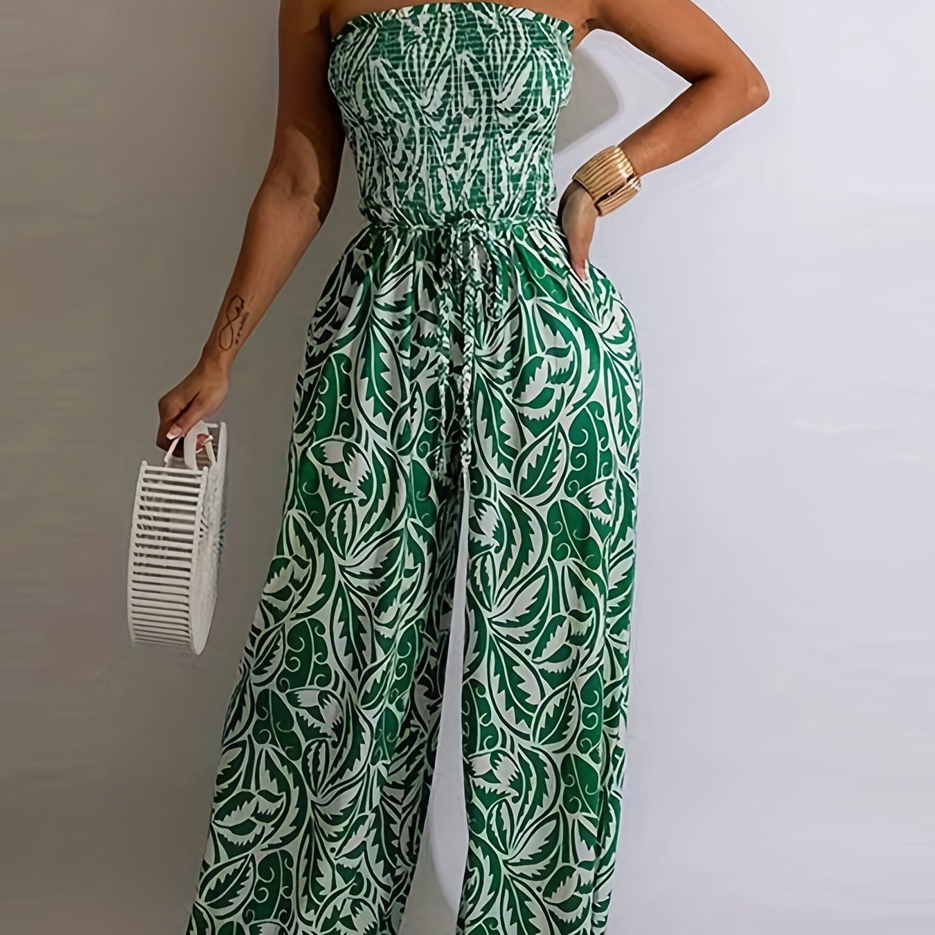 Print Shirred Wide Leg Jumpsuit Off Shoulder Sleeveless Jumpsuit