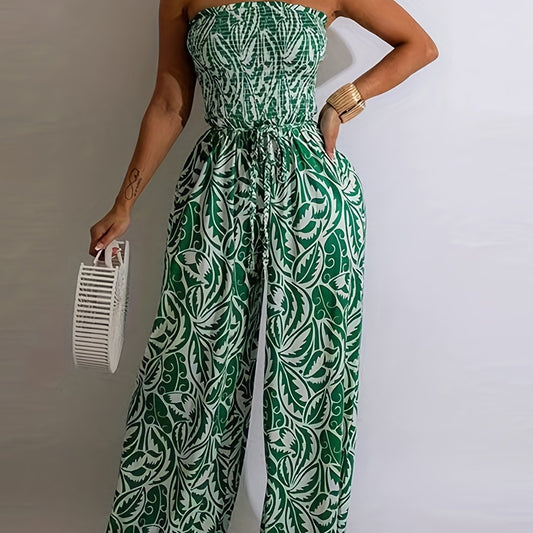 Print Shirred Wide Leg Jumpsuit Off Shoulder Sleeveless Jumpsuit