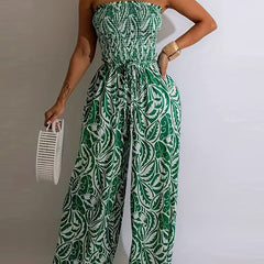Print Shirred Wide Leg Jumpsuit Off Shoulder Sleeveless Jumpsuit