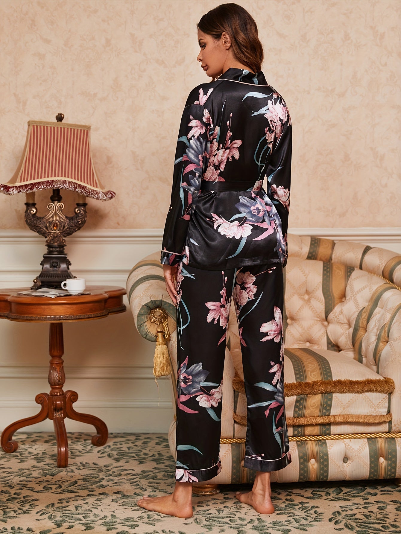 Floral Print Pajama Set Long Sleeve Robe & Pants