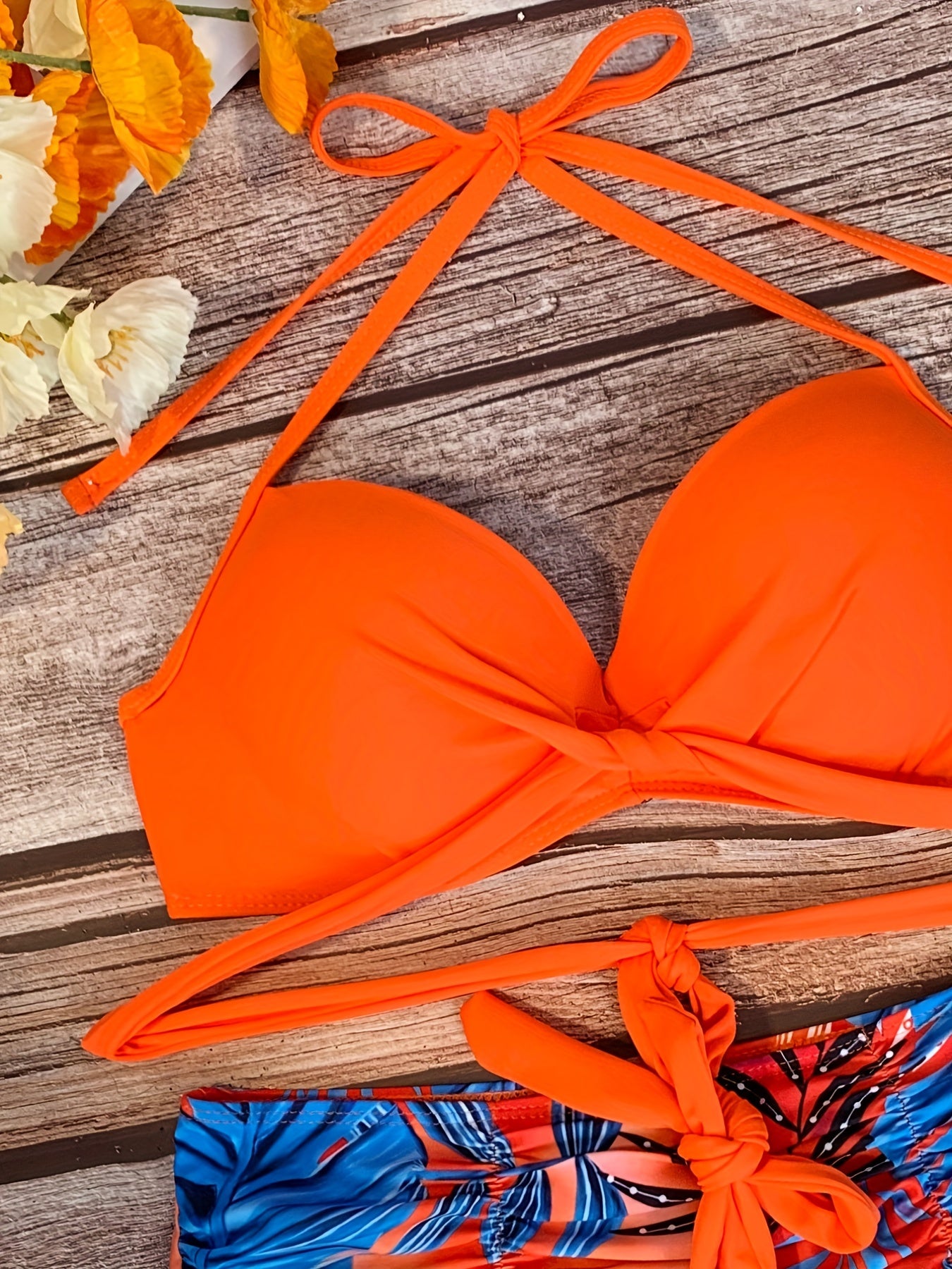 Leaf Print Ruched Skirted Swimsuit Set Tangerine Criss Cross 2 Piece Bikini
