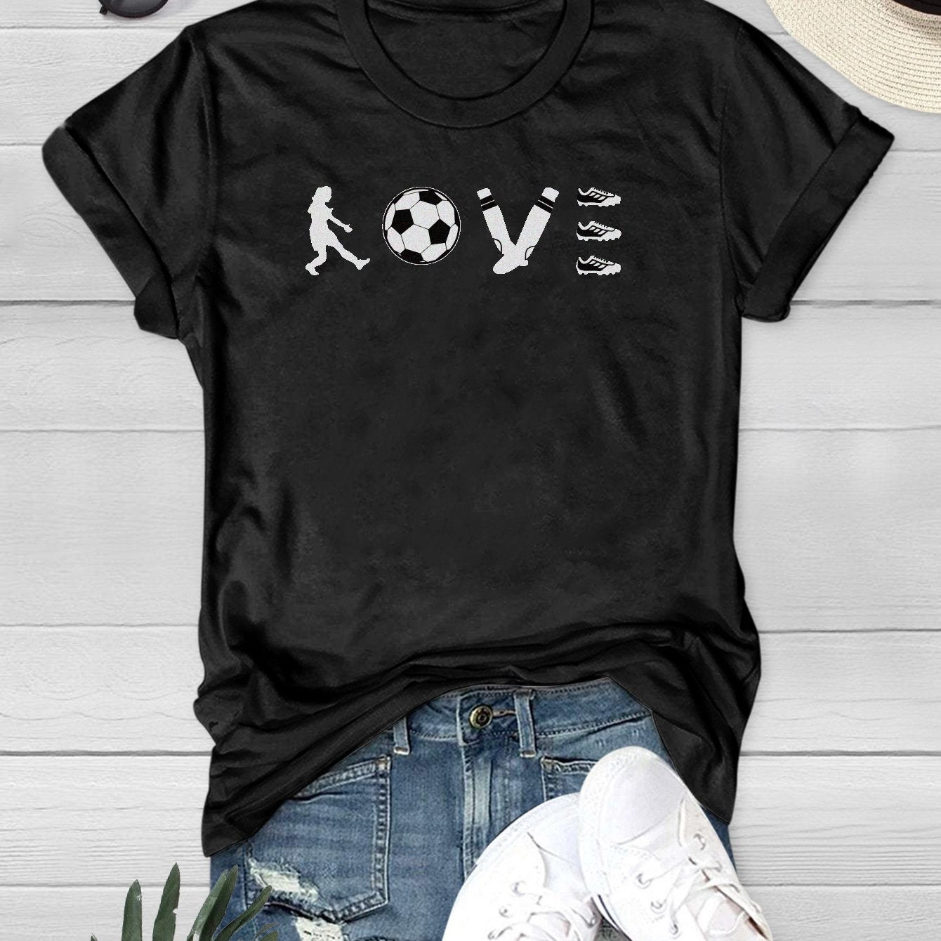 Player & Football Love Letter Print Crew Neck Casual Loose Short Sleeve T-shirt