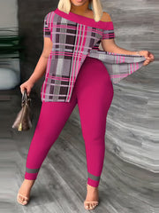 Plaid Print One Shoulder Top & Leggings Set