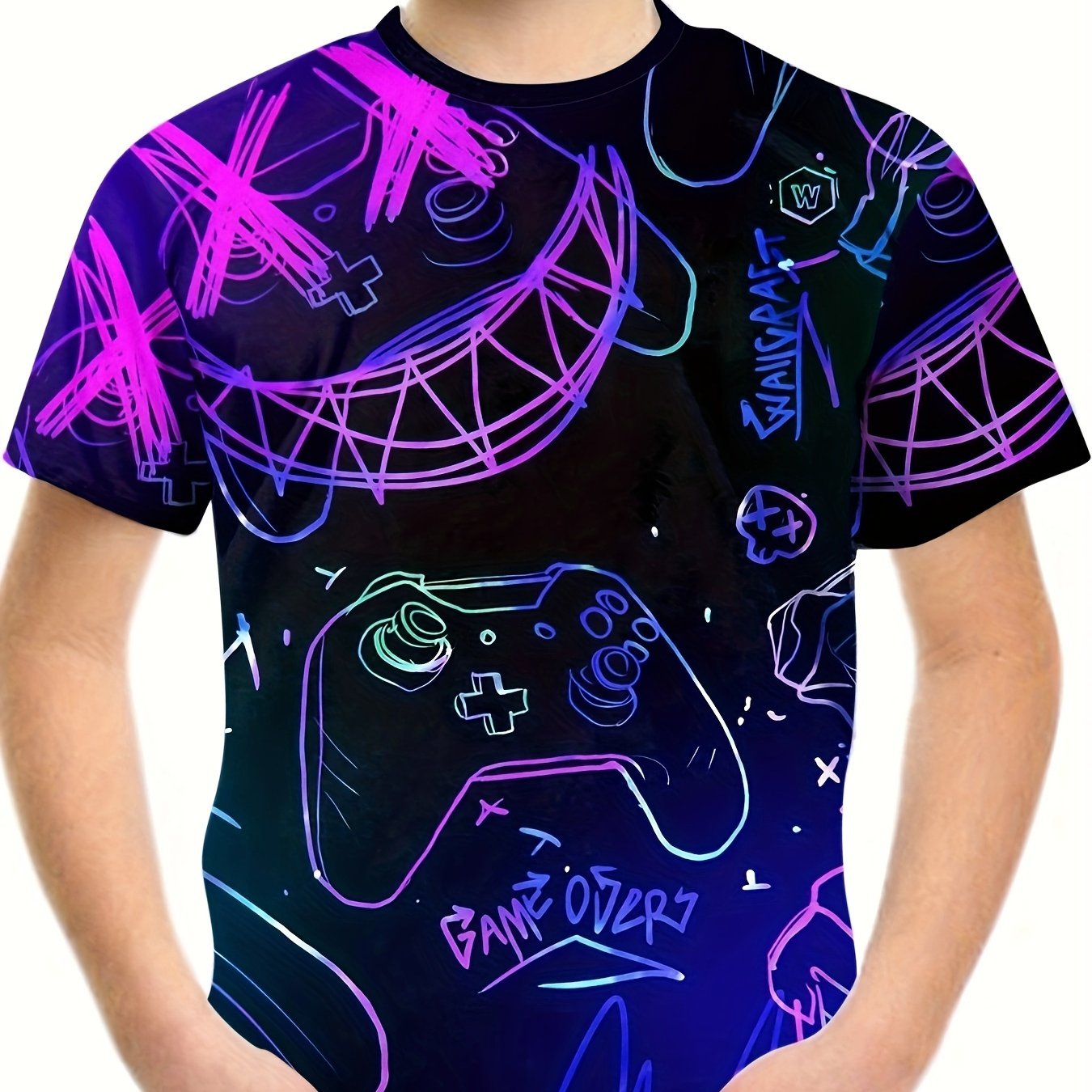 Gamepad Doodle Print Boy's T-shirt Short Sleeve Comfortable Summer Top