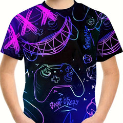 Gamepad Doodle Print Boy's T-shirt Short Sleeve Comfortable Summer Top