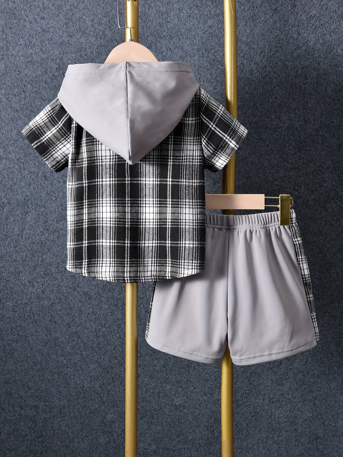 2pcs Baby Boys Plaid Short Sleeve Hooded Shirt & Shorts Set