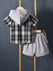 2pcs Baby Boys Plaid Short Sleeve Hooded Shirt & Shorts Set