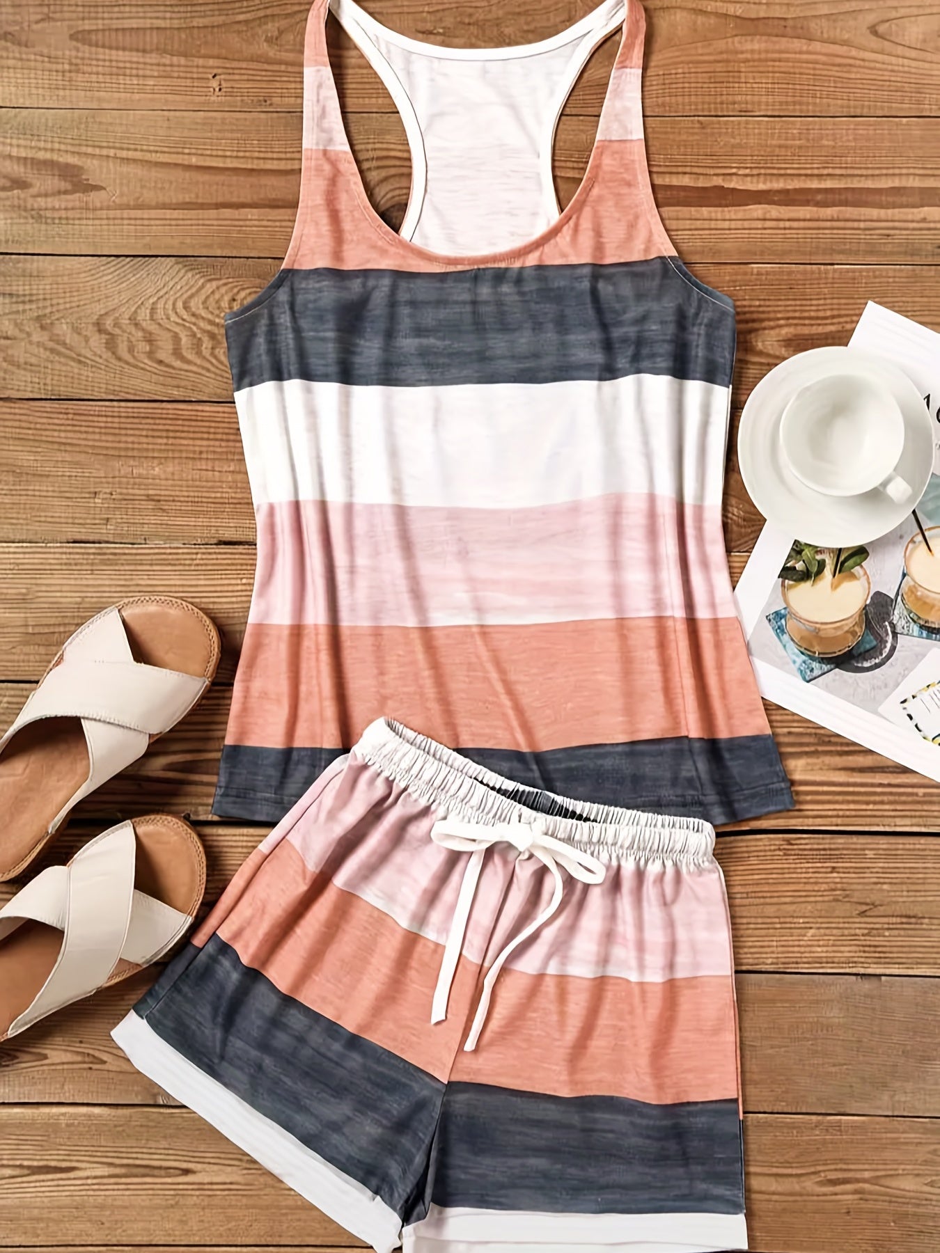 Striped 2pc Set Tank Top & Elastic Waist Shorts Outfit Women's Clothing