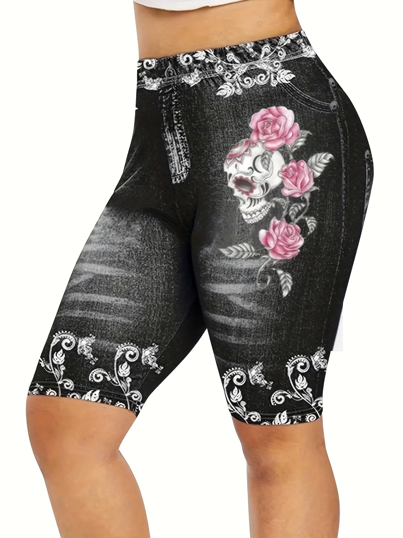 Skull & Flower Print High Waist Denim Shorts