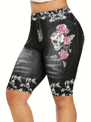 Skull & Flower Print High Waist Denim Shorts