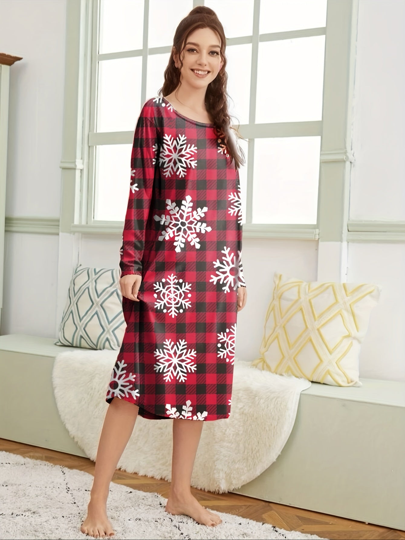Snowflake Print NightDress Christmas Long Sleeve Plaid Pajama Dress