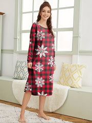 Snowflake Print NightDress Christmas Long Sleeve Plaid Pajama Dress