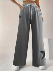 Star Print Tie Waist Wide Leg Loose Gym Sports Trousers