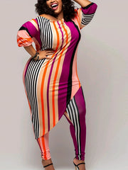 Colorblock Striped Print Longline Tops & Skinny Pants Set