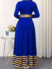 Colorblock Stripe Print Long Sleeve A line Maxi Dress