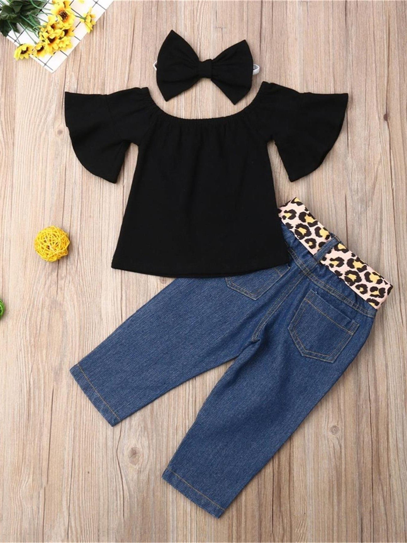 4pc Toddler Girls Off Shoulder Top & Jeans Set w/ Leopard Belt & Headband